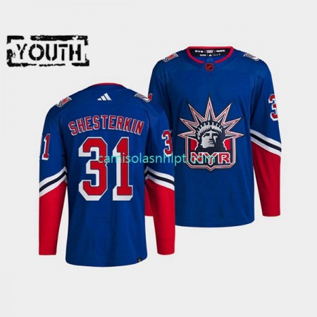 Camiseta New York Rangers Igor Shesterkin 31 Adidas 2022-2023 Reverse Retro Azul Authentic - Criança